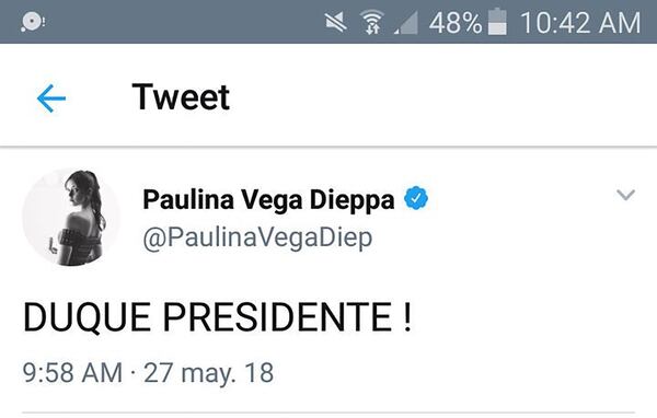 Paulina Vega manifestó su apoyo a Iván Duque por Twitter