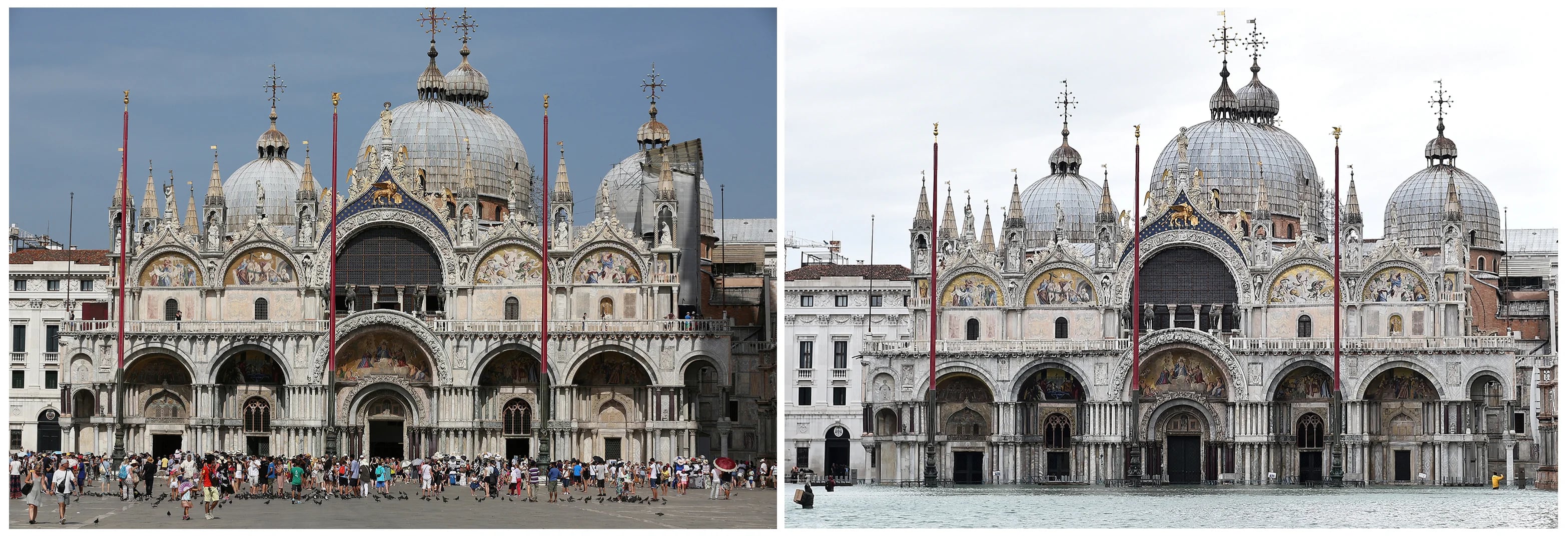 La Basílica de San Marcos, antes y después de la inundación que tiene en vilo a toda Italia (REUTERS/Stefano Rellandini, Flavio Lo Scalzo)