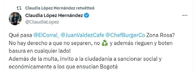 Tuit de Claudia López, alcaldesa mayor de Bogotá.