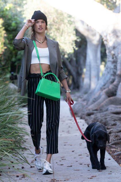 Alessandra Ambrosio salió a pasear por las calles de su barrio en Santa Mónica, California, y aprovechó para pasear a su perro. La modelo lució un pantalón negro con rayas, un top blanco, un saco gris y una cartera verde