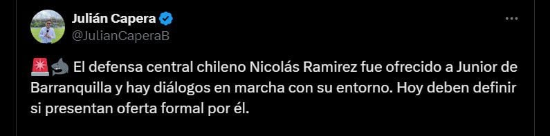 Nicolás Ramírez también suena para llegar al Junior como el defensor que reemplace a Rafa Pérez - crédito @JulianCaperaB/X