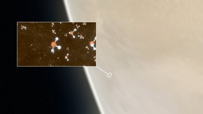 Impresión artística de Venus, con un recuadro que muestra una representación de moléculas de fosfina detectadas en nubes altas (Foto: M. KORNMESSER / L. CALÇADA & NASA / JPL / CA)