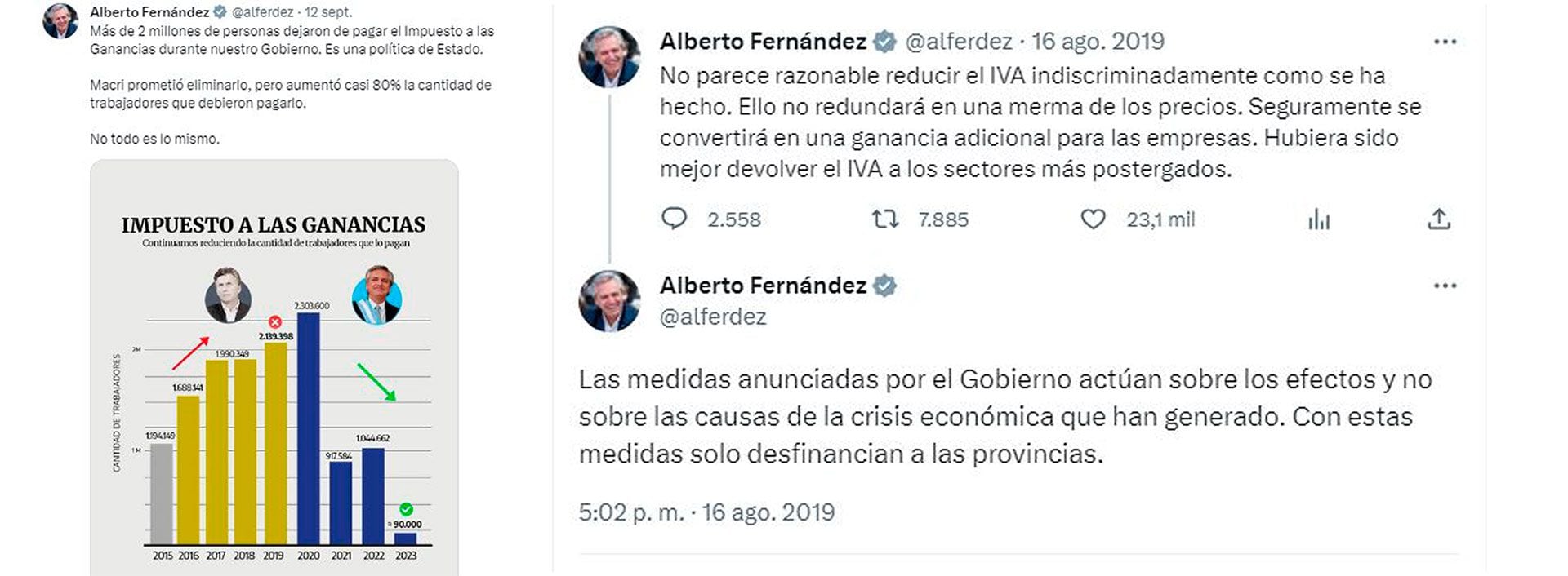 Los tuits de Alberto Fernández ahora y en 2019