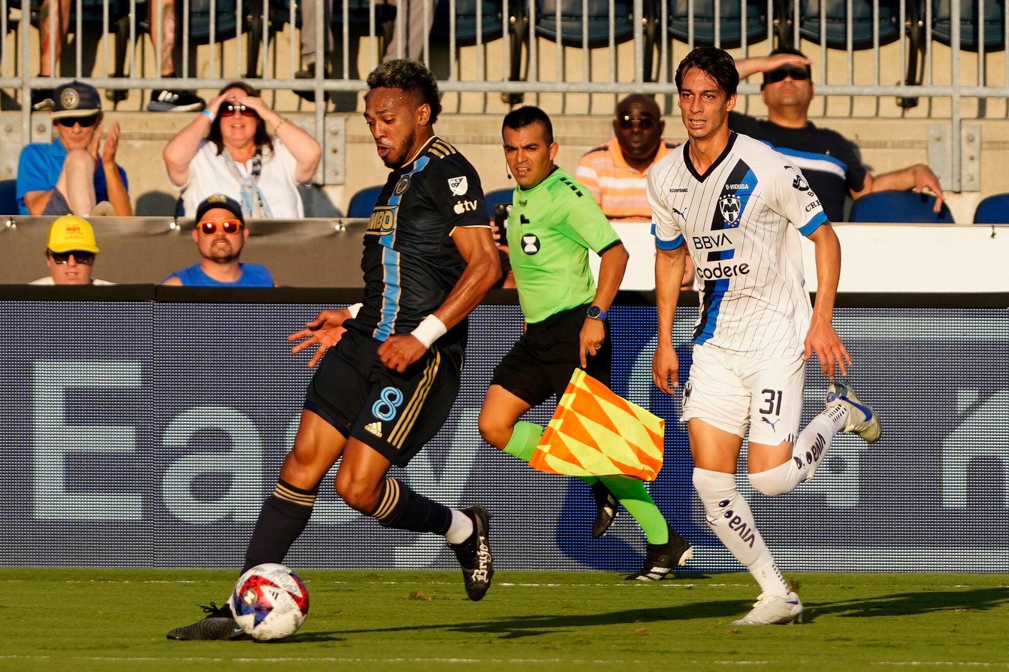 Aug 19, 2023; Chester, PA, USA; Philadelphia Union midfielder Jose Andres Martinez (8) drives the ball upfield against CF Monterrey defender Daniel Parra (31) during the first half at Subaru Park. Mandatory Credit: Gregory Fisher-USA TODAY Sports