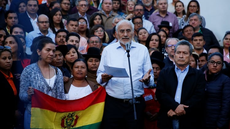 Bolivia's presidential candidate Carlos Mesa speaks during a news conference in La Paz, Bolivia, November 3, 2019. REUTERS/David Mercado