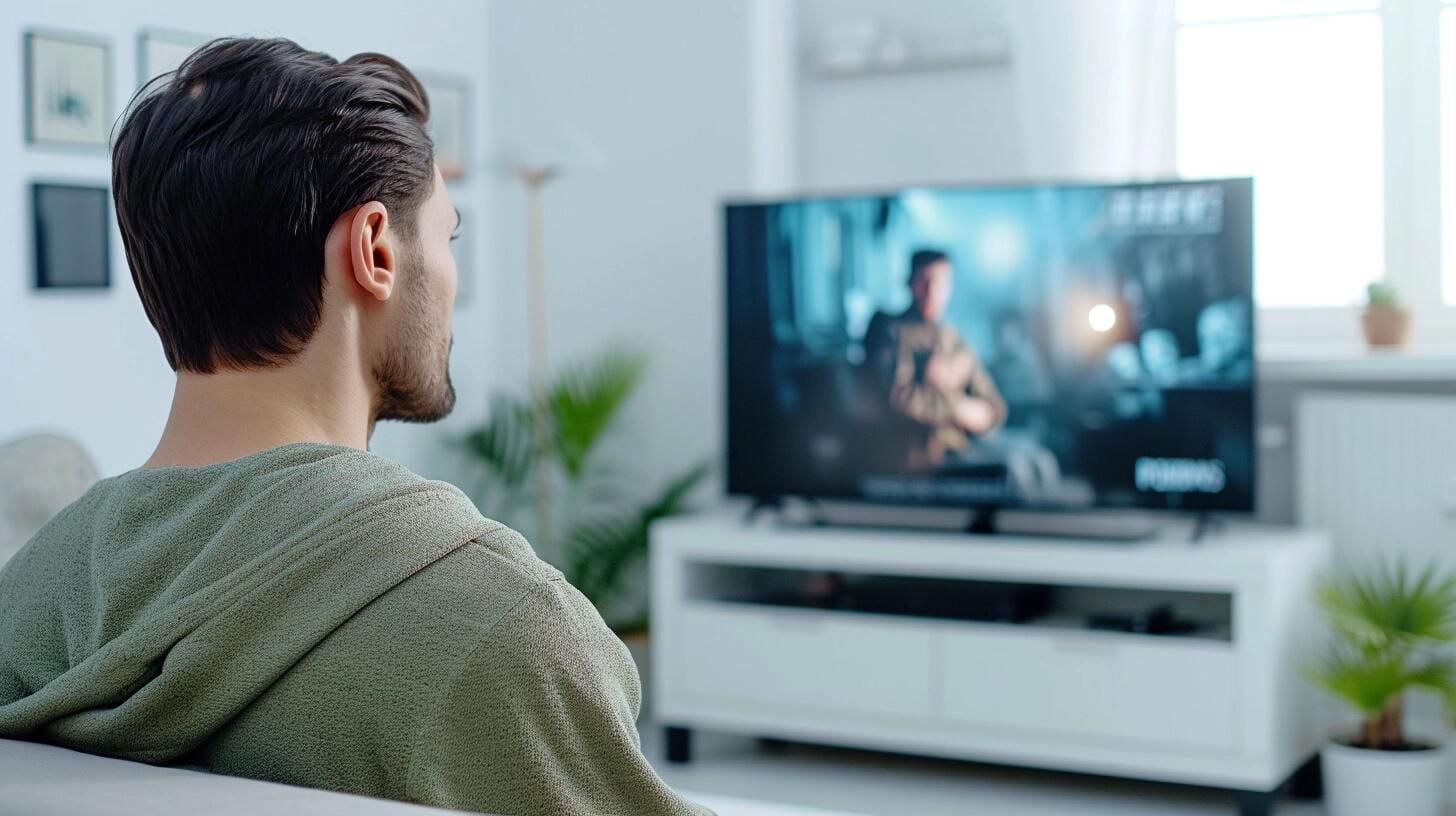 Text: Individuo relajado viendo televisión en el salón de su hogar, aprovechando las opciones de streaming para un maratón de sus programas favoritos, destacando el papel del internet en el ocio moderno.