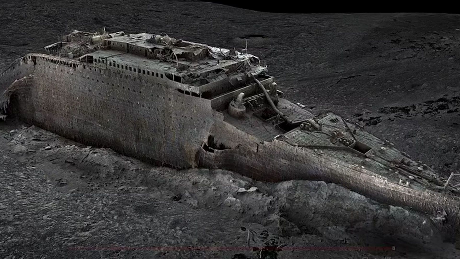 Imágenes tomada del escaneo digital difundido por Atlantic/Magellan, se observa la proa del Titanic, en el Océano Atlántico. (Atlantic/Magellan vía AP)