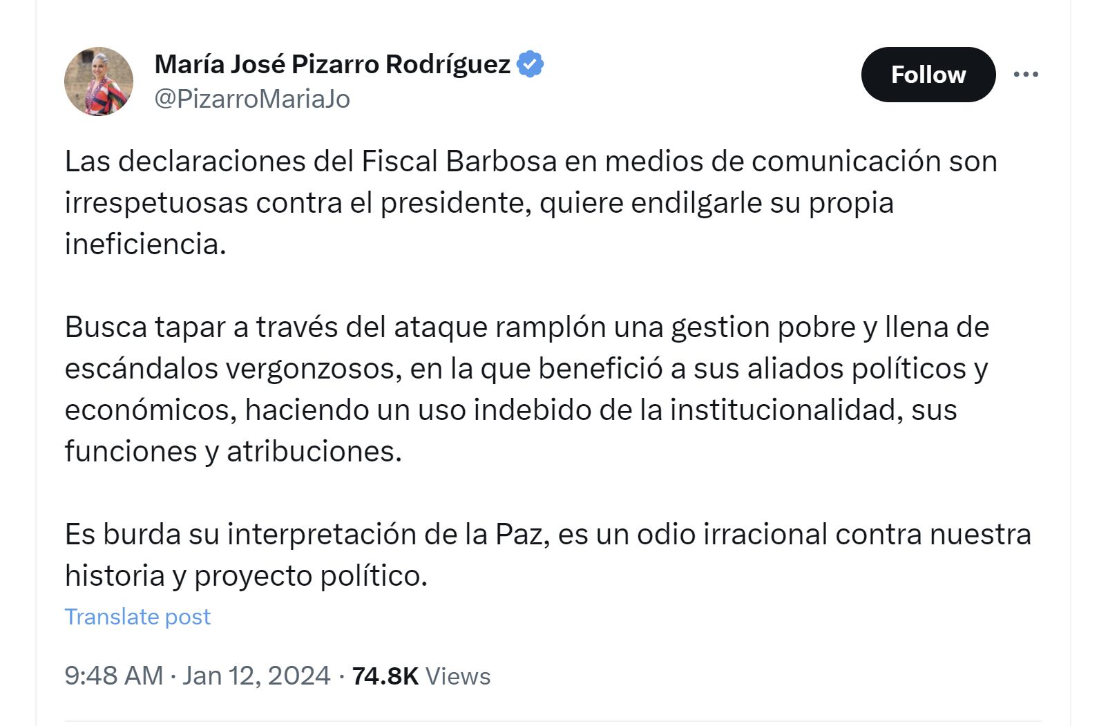María José Pizarro Rodríguez arremetió contra el fiscal Francisco Barbosa por criticar al presidente Gustavo Petro - crédito @PizarroMariaJo/X