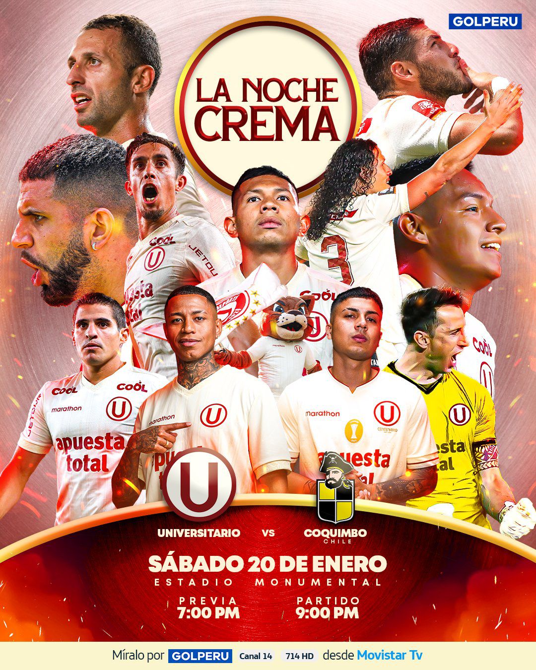 De acuerdo a GOLPERU, el partido entre Universitario y Coquimbo Unido por la 'Noche Crema' 2024 arrancará a las 21:00 horas.