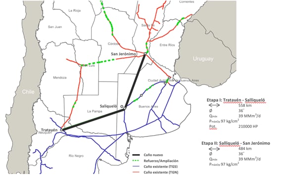 En negro, la traza del gasoducto, del que hoy se inaugurará la primera etapa