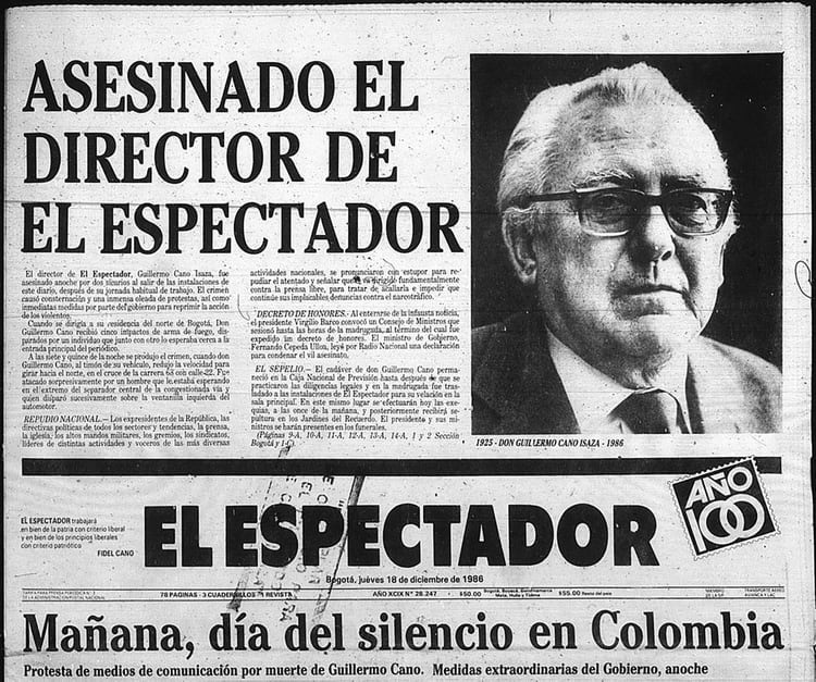 Portada del diario El Espectador al día siguiente del asesinato de su director Guillermo Cano Isaza.