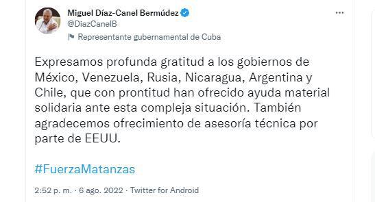 Agradecimientos del dictador cubano Díaz-Canel