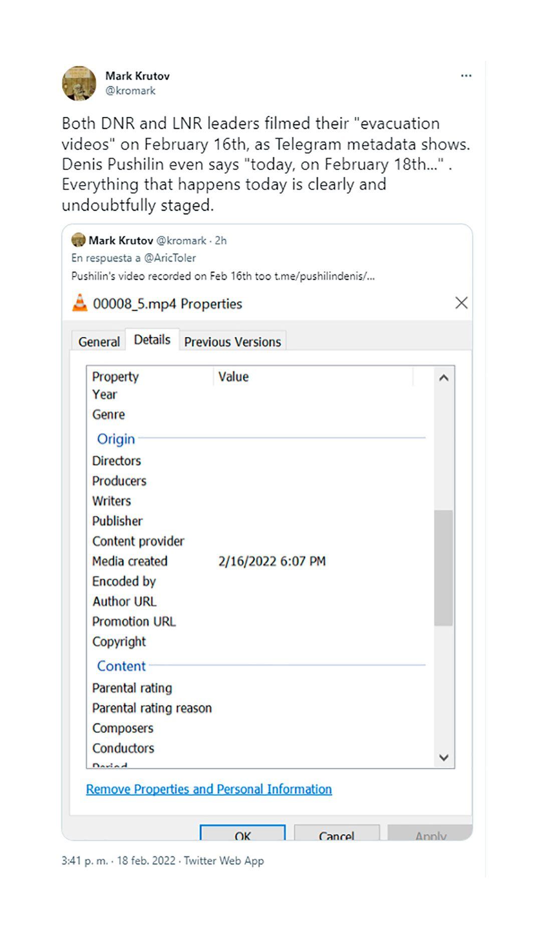 Tuit del periodista Mark Krutov sobre la fecha de los videos de las evacuaciones 