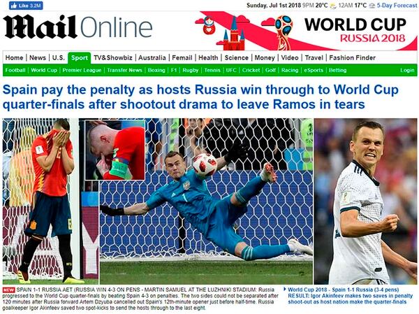 “España paga en los penales y deja a Sergio Ramos entre lágrimas” (Daily Mail, Inglaterra)