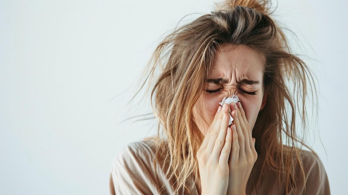 Una mujer joven se cubre la cara con un pañuelo mientras estornuda, evidenciando síntomas de un resfrío o gripe. La imagen transmite la idea del impacto de enfermedades comunes como la gripe en la vida diaria, enfocándose en los gestos habituales que acompañan estos malestares. (Imagen ilustrativa Infobae)