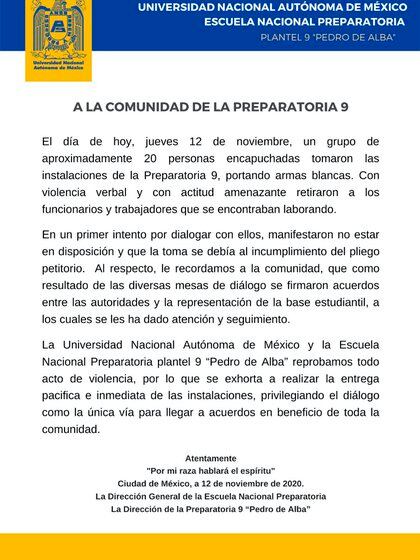 La Prepa 9 emitió un comunicado donde reprueban los actos de violencia por parte del grupo (Foto: Twitter@UNAM_MX)