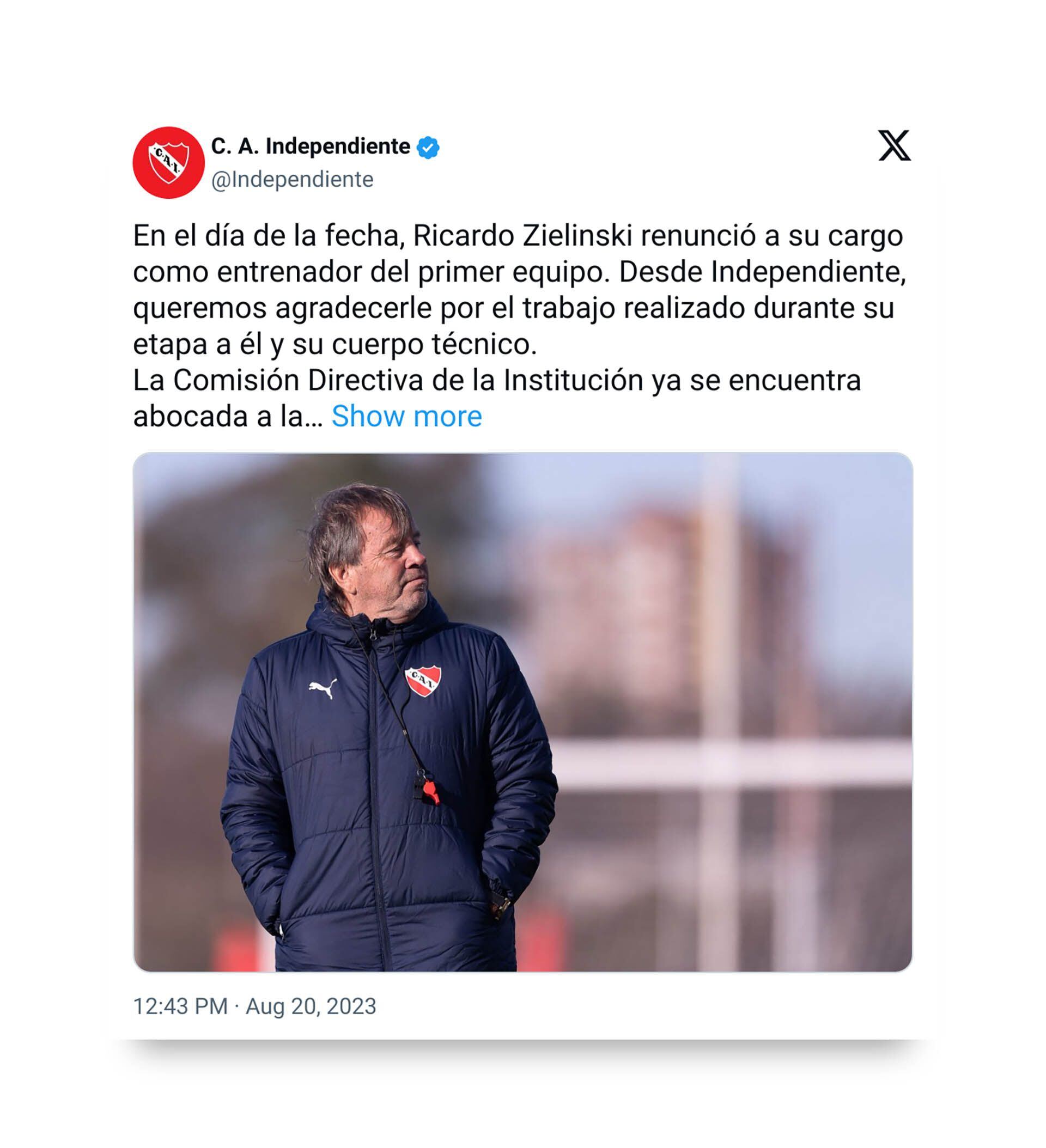 El comunicado de Independiente tras la renuncia de Zielinski