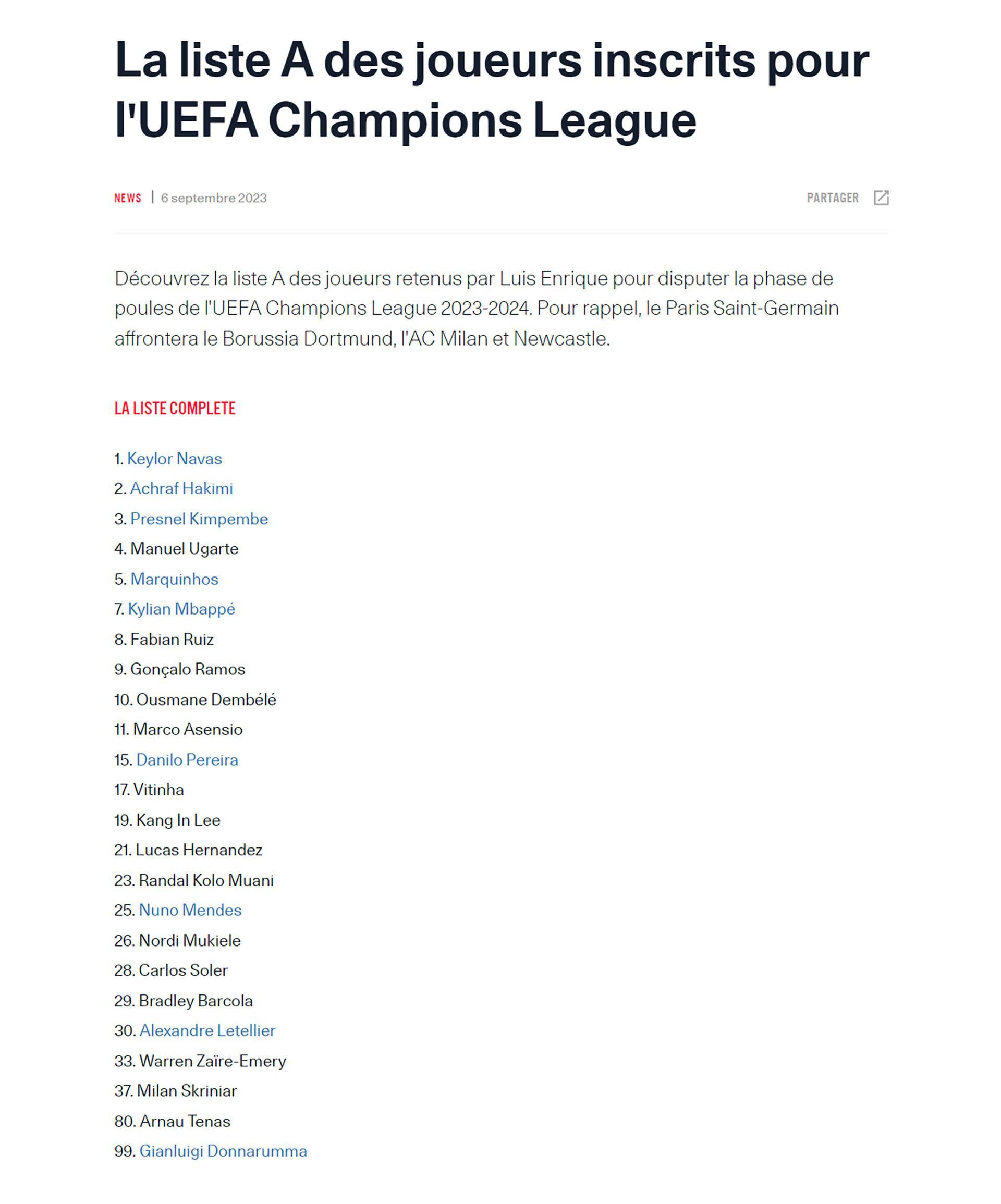 lista de PSG para Champions - captura