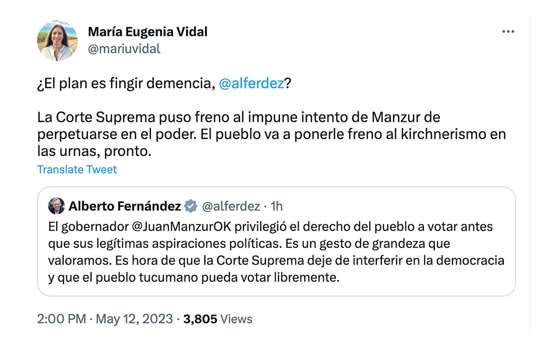 María Eugenia Vidal cuestionó a Alberto Fernández por apoyar a Manzur