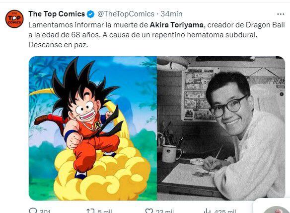 Muere Akira Toriyama: Fallece a los 68 años Akira Toriyama, creador de ‘Dragon Ball’. (Captura: 'X')