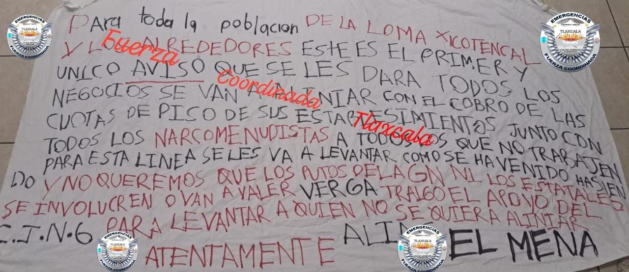 El texto amenazante estaba firmado por "El Mena" 
(Foto: Facebook/Fuerza Coordinada Tlaxcala)