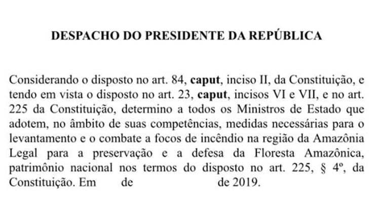 Bolsonaro pidiÃ³ a sus ministros âmedidas necesariasâ para combatir los incendios
