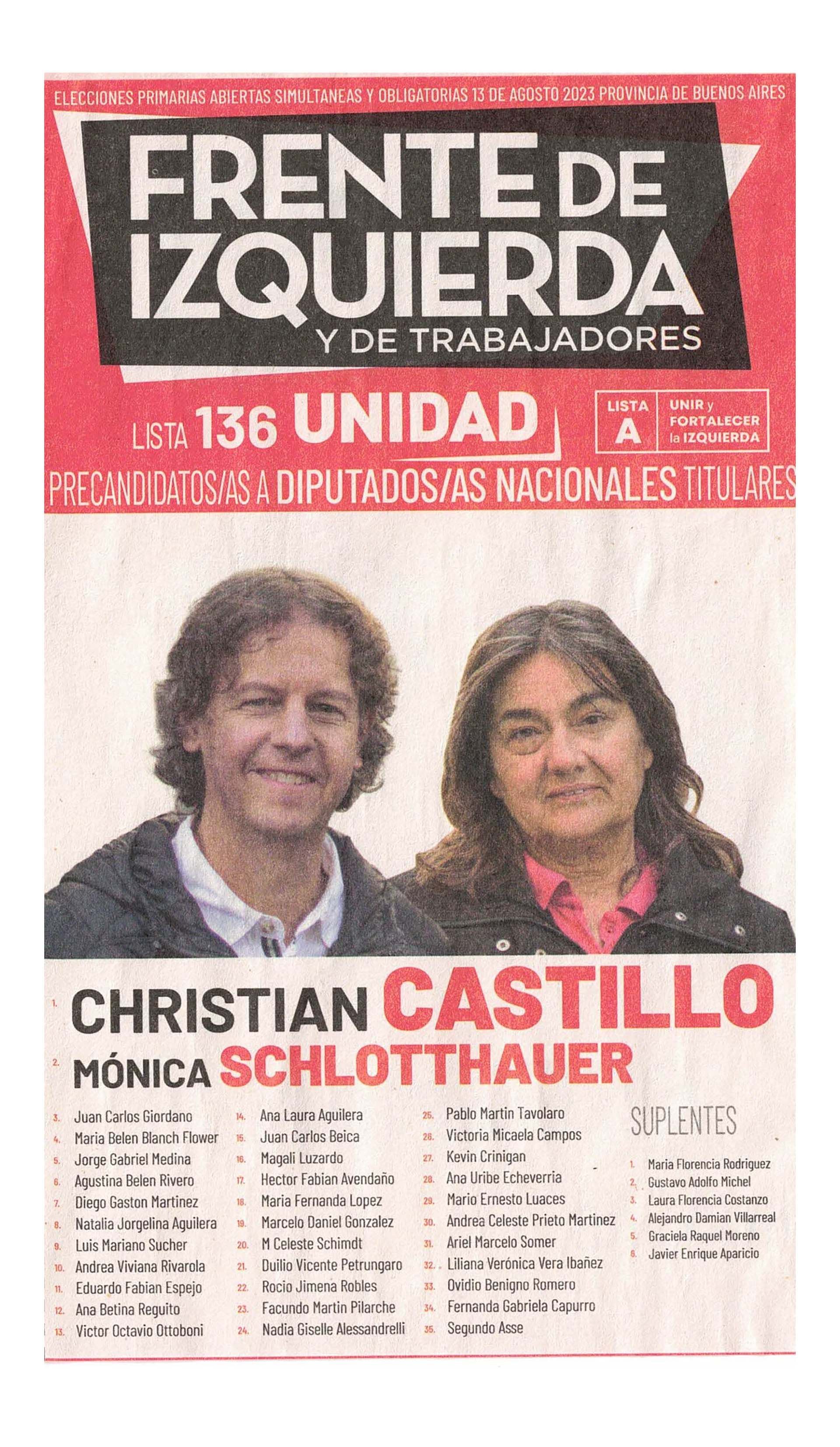 La boleta oficial de la lista "Unir y Fortalecer a la Izquierda" del FIT de precandidatos a diputados nacionales de Buenos Aires