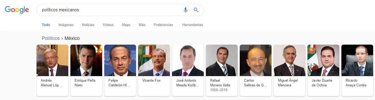 Al buscar “políticos mexicanos”, también sale la imagen del actual presidente (Foto: Google)