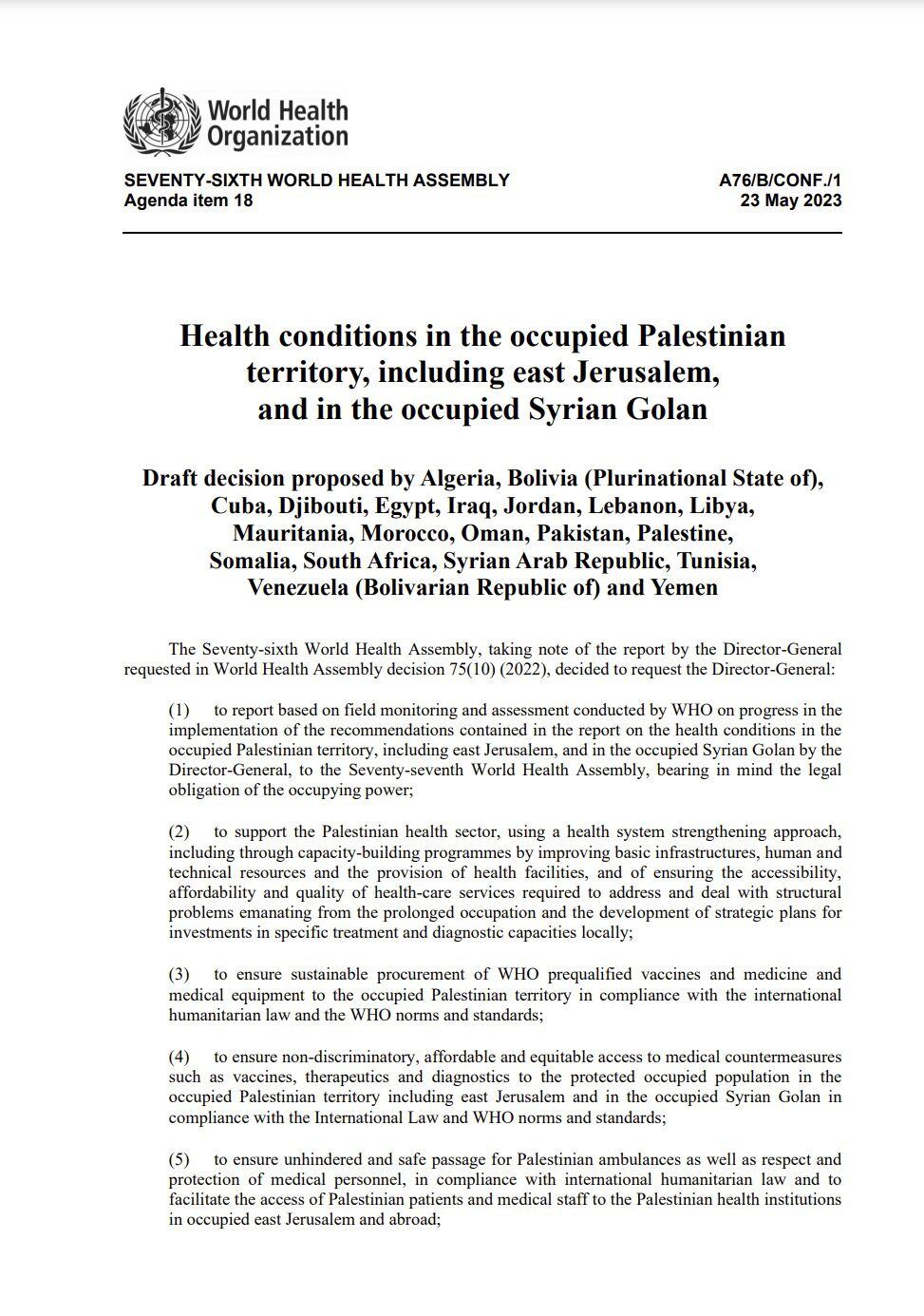Resolución votada de apoyo sanitario a Palestina