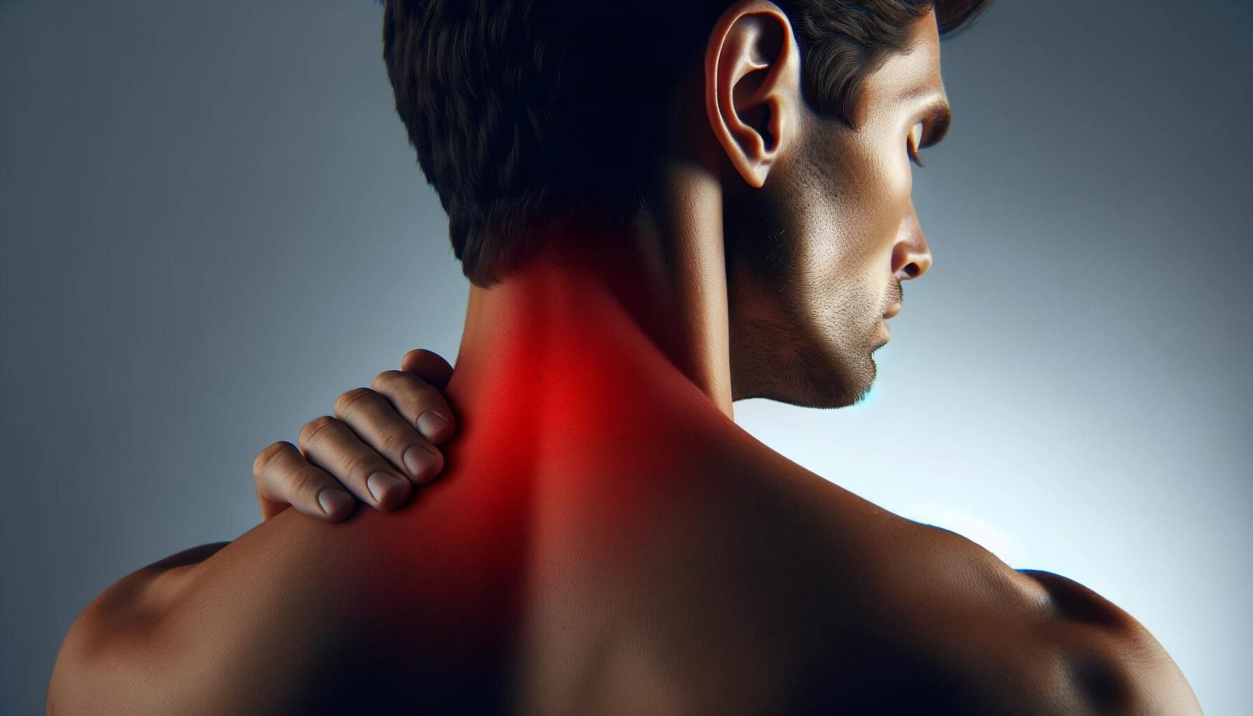 Imagen detallada de un cuello resaltado en rojo, evidenciando dolor muscular. Representación visual de contracturas por estrés, postura inadecuada y falta de movilidad. Importante recordatorio sobre cuidado, salud y la necesidad de ejercicio. (Imagen ilustrativa Infobae)