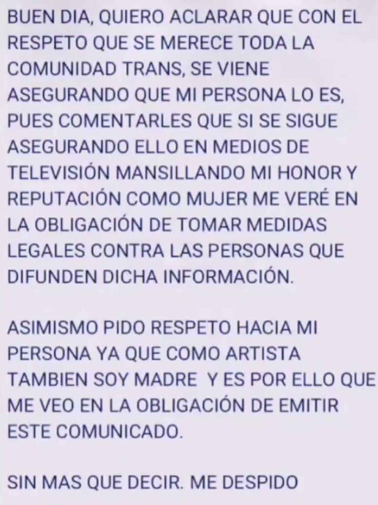Sofía Cavero and statement that denies being a trans woman.