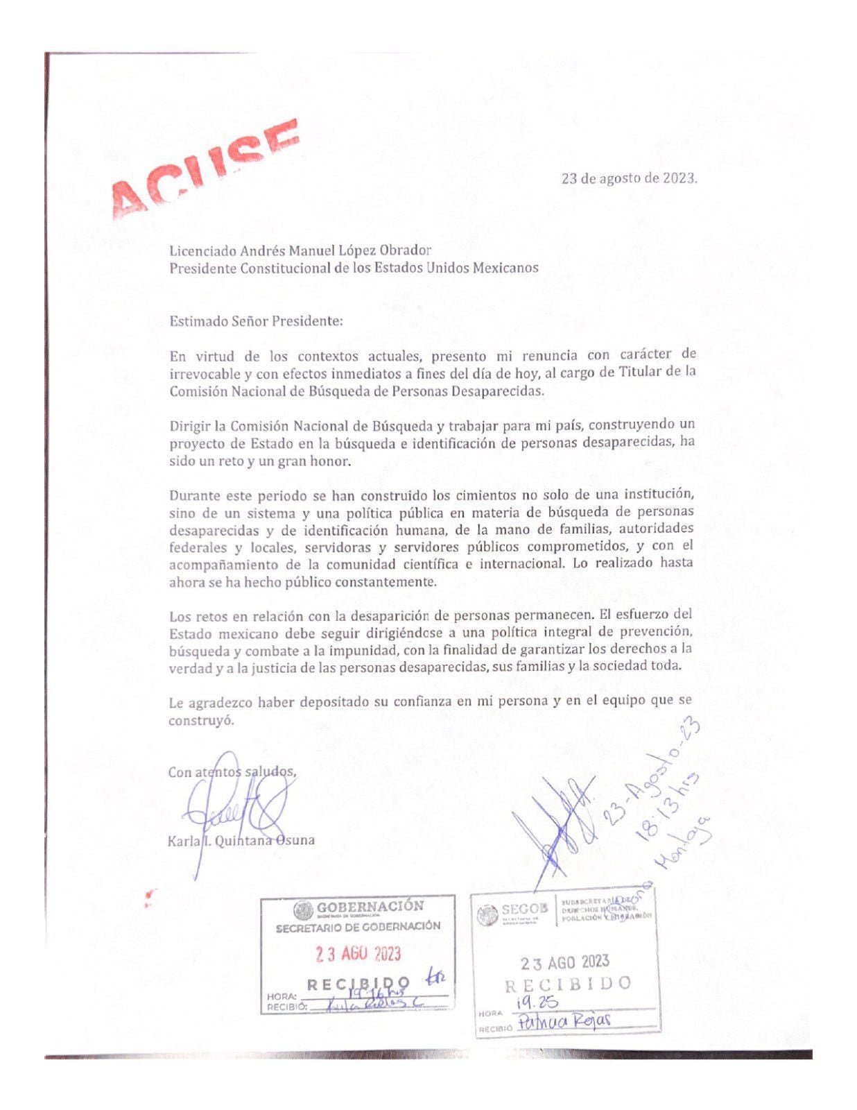 En la carta, Karla Quintana expresa que los retos con la desaparición de personas permanecen. (@kiquinta)