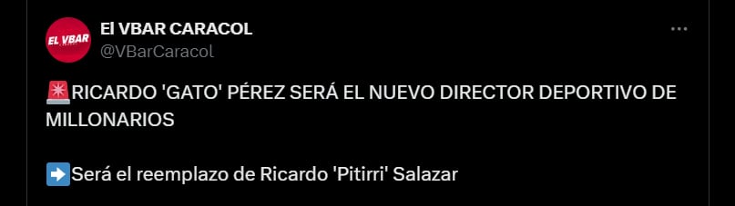 Ricardo 'Gato' Pérez sería confirmado como nuevo gerente deportivo de Millonarios en los próximos días - crédito @VBarCaracol/X