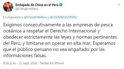 Respuesta de la embajada china en Perú a la alerta hecha por los diplomáticos estadounidense ante la amenaza por la presencia de embarcaciones con banderas del país asiático en las costas peruanas 