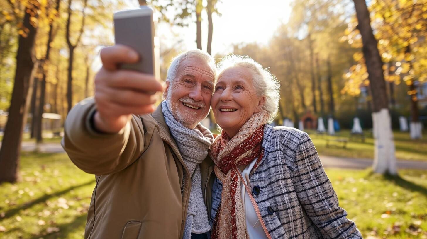 Una pareja de ancianos sonriendo mientras toman una selfie con un smartphone, evidenciando su familiaridad y entusiasmo por la tecnología. La imagen capta un momento alegre de un abuelo y una abuela, mostrando cómo las personas de la tercera edad pueden disfrutar y participar activamente en la era de internet y las redes sociales, rompiendo estereotipos sobre la edad y la tecnología. (Imagen ilustrativa Infobae)