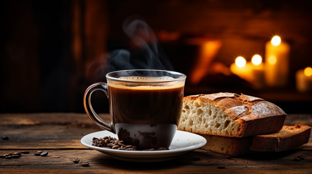 Taza de café con medialunas y pan casero en un cálido ambiente interior (Imagen ilustrativa Infobae)