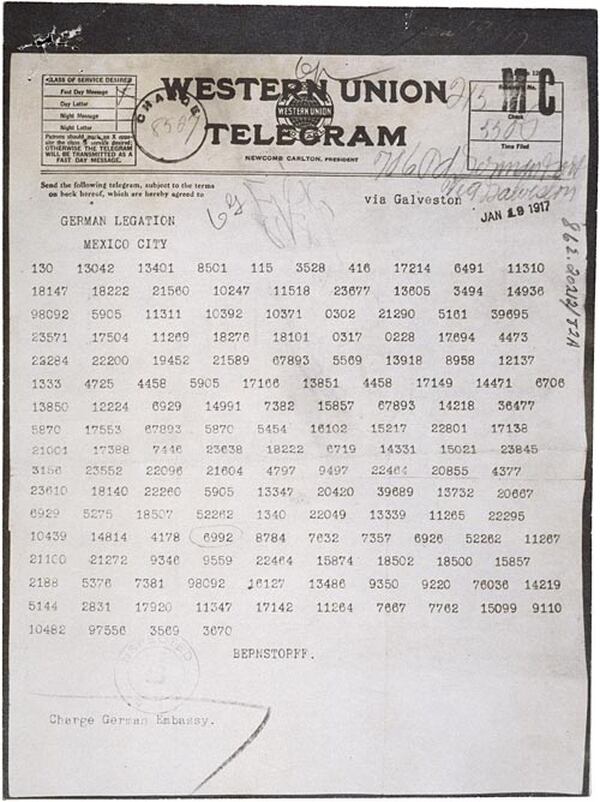 El telegrama Zimmerman, codificado, que proponía en 1917 una alianza militar entre Alemania y México (U.S. National Archives and Records Administration)