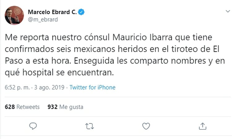 AsÃ­ lo publicÃ³ el secretario de Relaciones Exteriores de MÃ©xico (Foto: Captura de pantalla de Twitter)