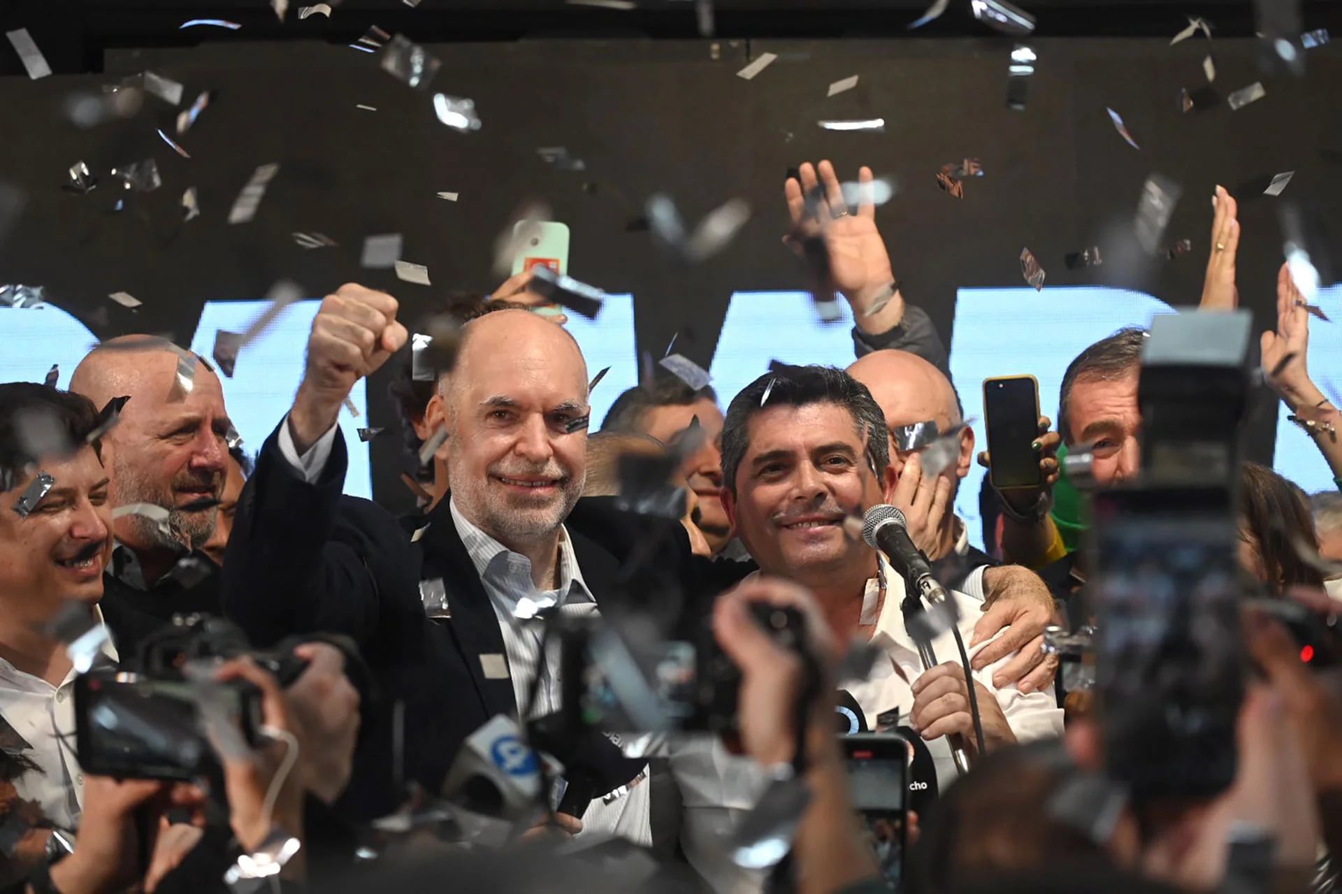 Horacio Rodríguez Larreta y Marcelo Orrego, en los festejos por el triunfo de Juntos por el Cambio en San Juan