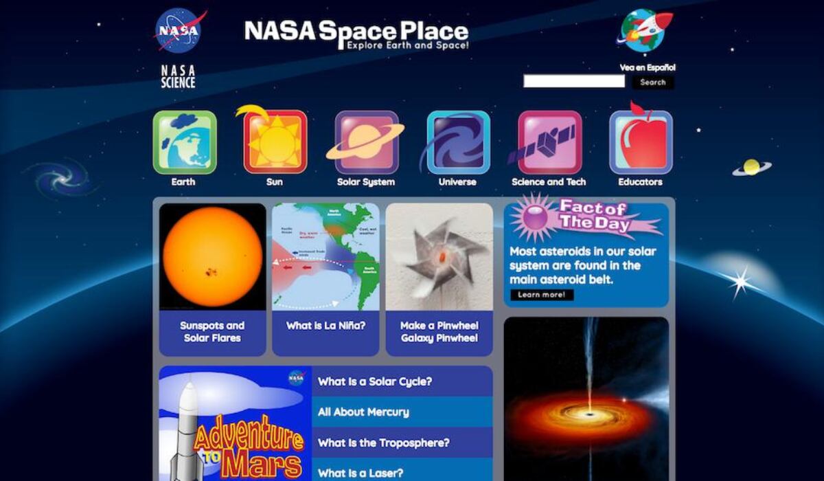 El sitio incluye artículos informativos, actividades prácticas y juegos web interactivos. (@NASASpacePlace)