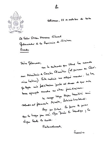 Esta es la carta manuscrita que el papa Francisco le envió al gobierno de Misiones