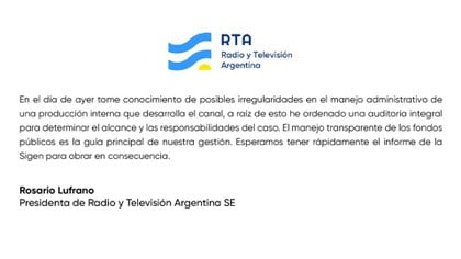 El comunicado interno de Rosario Lufrano al personal de la TV Pública. 