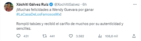 Xóchitl Gálvez felicita por X a Wendy Guevara por ganar La Casa de Los Famosos (Captura de pantalla)