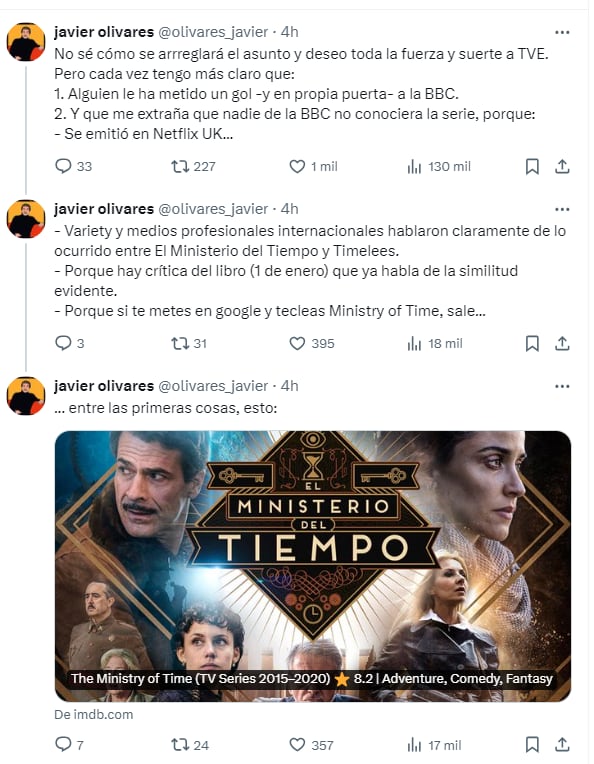 Javier Olivares acusó de plagio a la serie británica El ministerio del tiempo (Twitter)