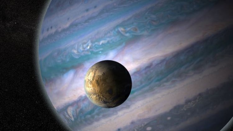 Ilustración artística de un exomoon potencialmente habitable que orbita un planeta gigante en un sistema solar distante. Tales mundos podrían ser despojados de sus planetas anfitriones y orbitar estrellas independientemente, convirtiéndose en 