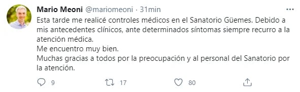 Finalmente, a las 22, fue el mismo Meoni quien utilizó sus redes para enviar un mensaje de tranquilidad