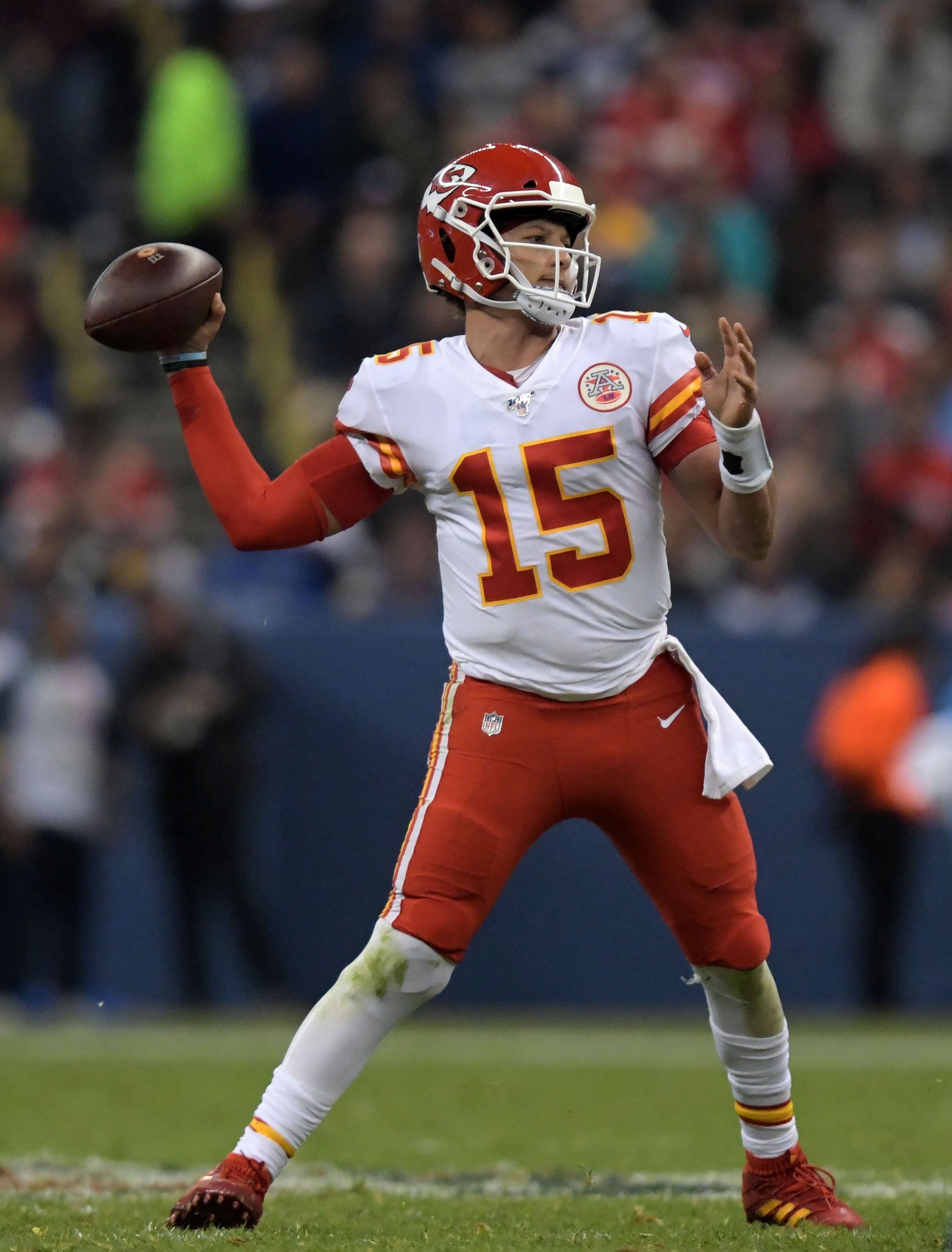 Nov 18, 2019; Mexico City, MEX; Kansas City Chiefs quarterback Patrick Mahomes (15) throws the ball in the third quarter against the Los Angeles Chargers during an NFL International Series game at Estadio Azteca. The Chiefs defeated the Chargers 24-17. Mandatory Credit: Kirby Lee-USA TODAY Sports