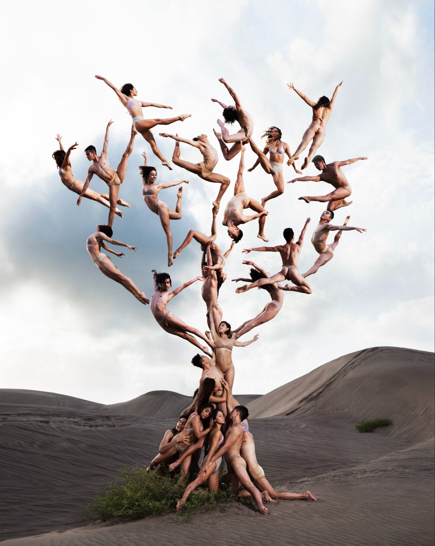 Un grupo de personas forman el tronco y las ramas de un árbol en la obra de Rob Woodcox "Tree of Life", parte de Ancient Future, durante Miami Art Week