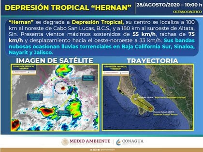 A las 10:00 horas el Sistema Meteorológico Nacional actualizó la ubicación y trayectoria de la depresión tropical "Hernán". (Foto: SMN/Conagua)