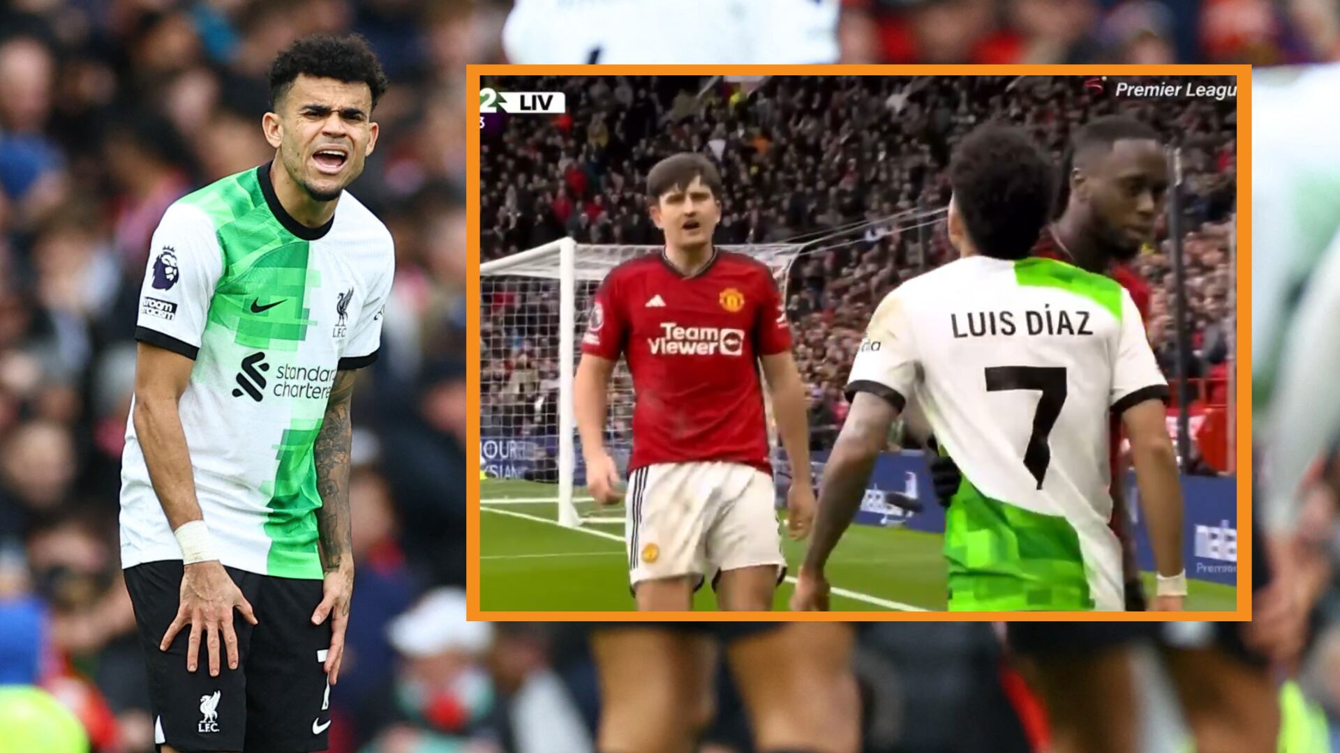 Luis Díaz tuvo un duro enfrentamiento ante Harry Maguire en el empate 2-2 entre Liverpool y Manchester United - crédito Reuters y ESPN